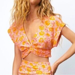 Zara Linen Blend Twist Front Cropped Floral Top Small